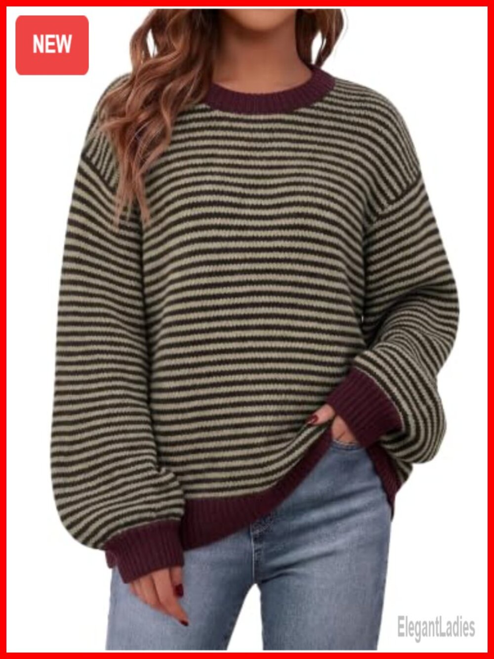 Oversized Striped Crewneck Sweater Soft Knit Pullover Women